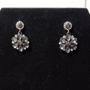 Vintage Silver-Toned Black and Crystal Rhinestone Floral Drop Earrings